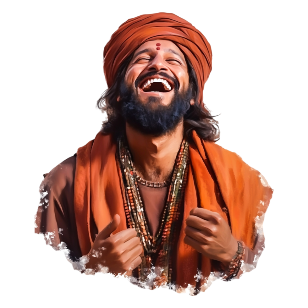 Joyful Spiritual Man Laughing in Traditional Indian Attire png