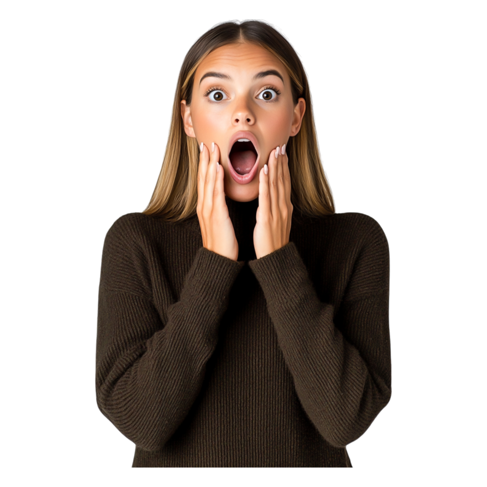 Surprised Woman Expressing Emotion with Hands on Face in Sweater png