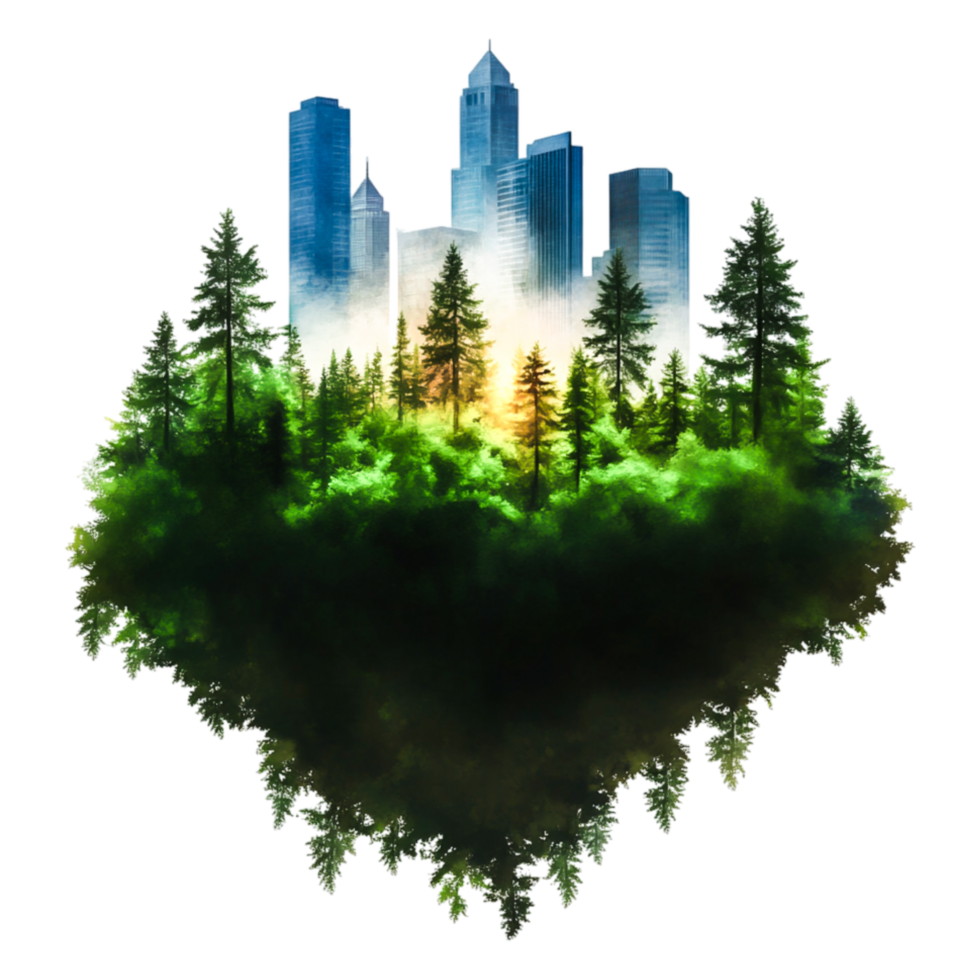 Urban Jungle Concept with Trees and Skyscrapers Blending Together png