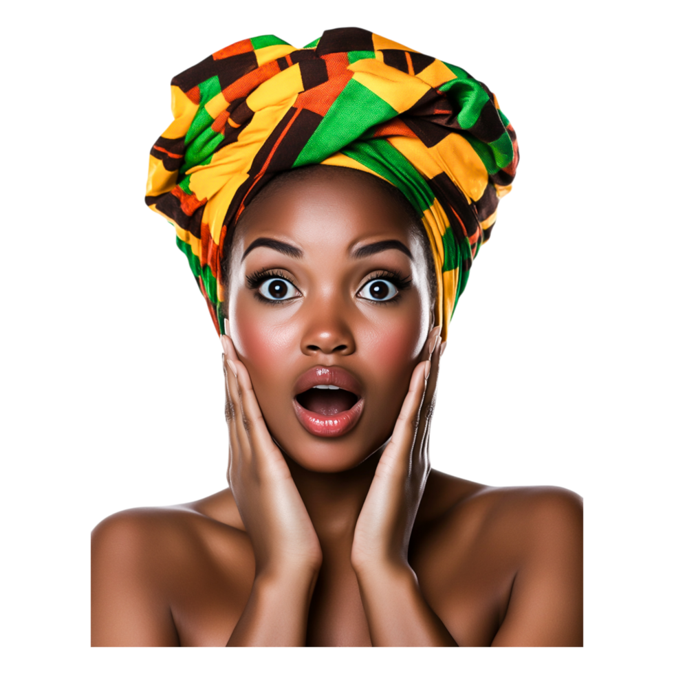 Surprised Woman with Colorful Headwrap Expressing Astonishment and Joy png