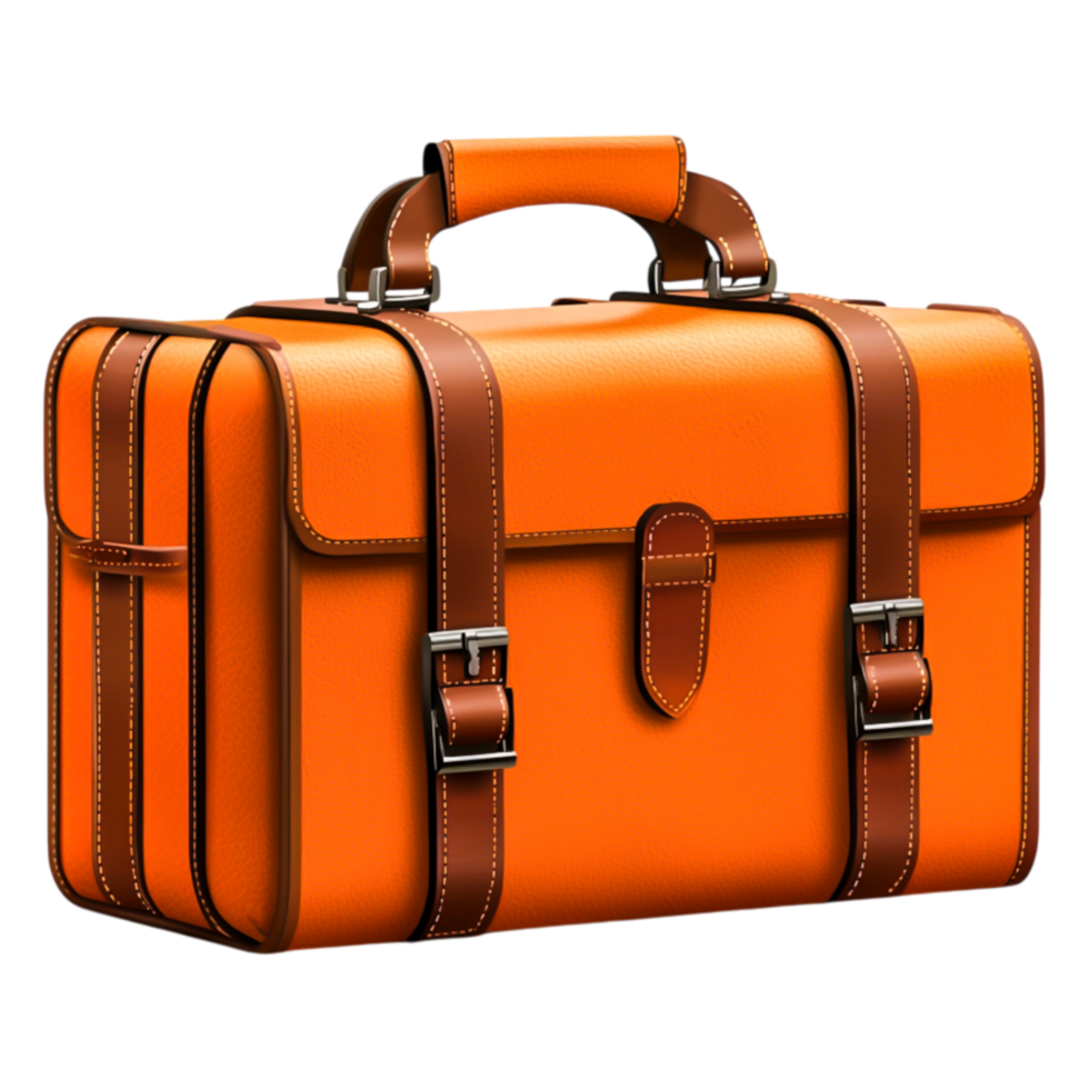 Stylish Orange Leather Briefcase with Brown Straps and Handle png