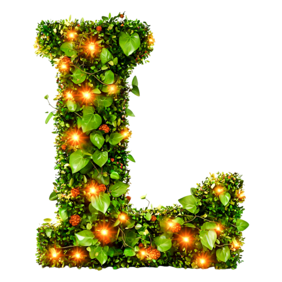 Green Botanical Letter L Decorated with Glowing Lights and Leaves png