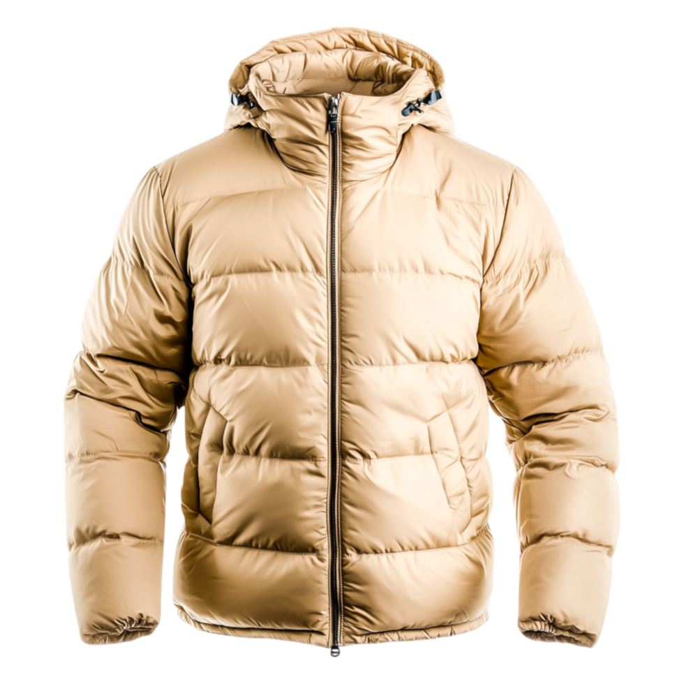 Beige Puffy Jacket with Hood on for Winter Style png