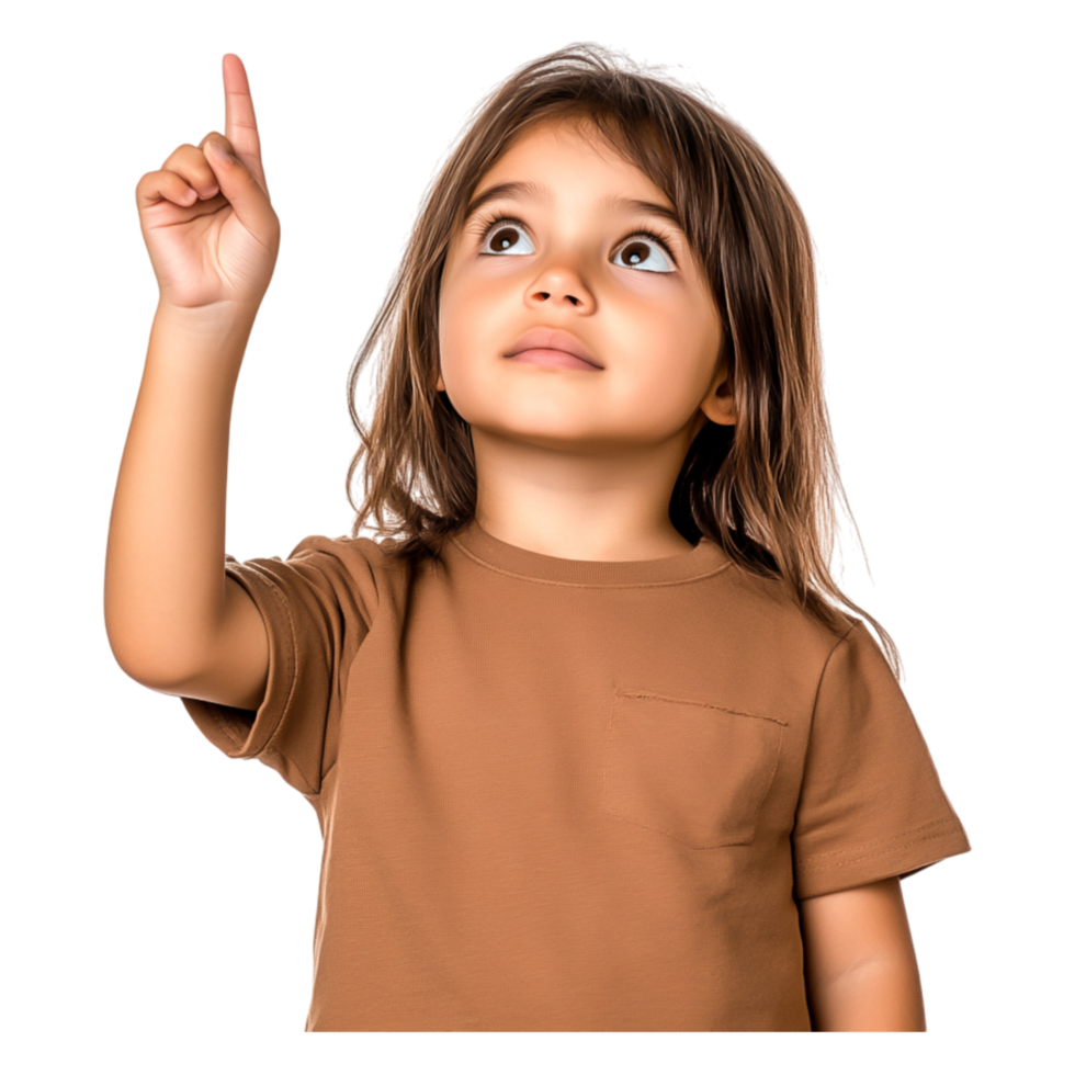 Young Child Pointing Upwards with Curiosity and Wonder in Brown Shirt png