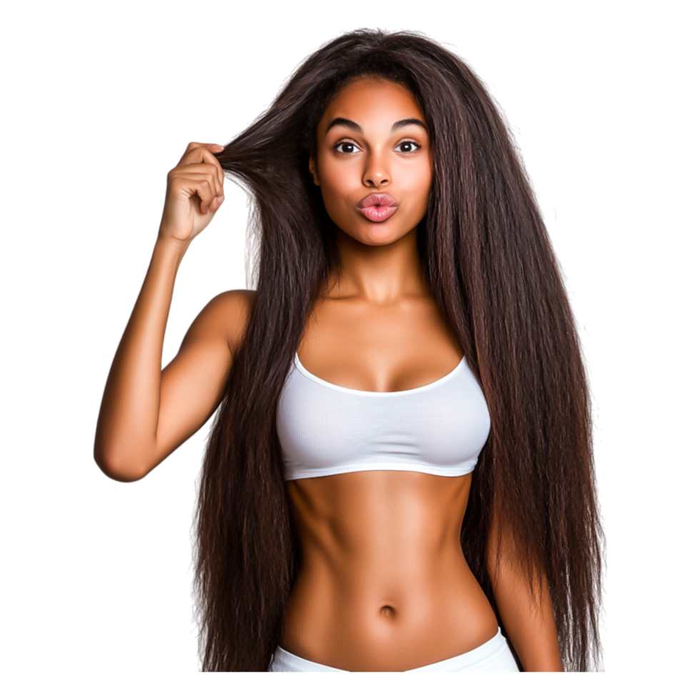 Beautiful young woman with long hair making playful facial expression png