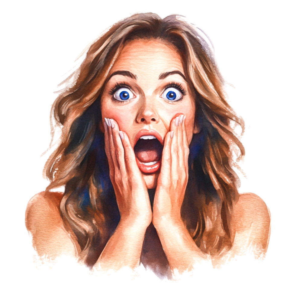 Surprised woman with open mouth and wide eyes in watercolor style png