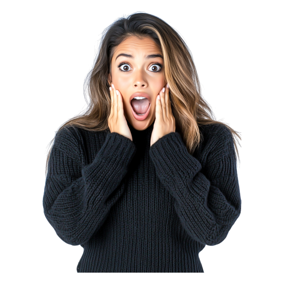 Woman Expressing Shock with Hands on Face in Black Sweater png