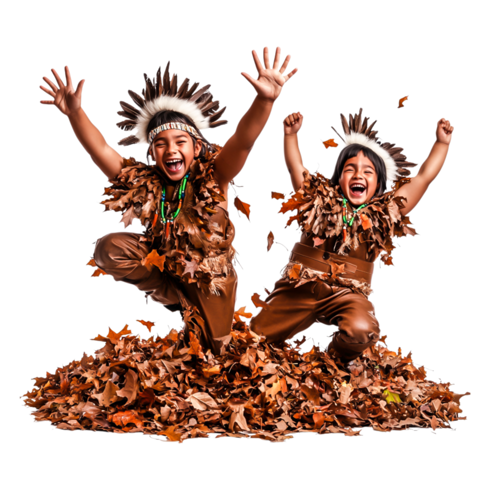 Joyful Children in Leaf Pile Wearing Native American Inspired Costumes png