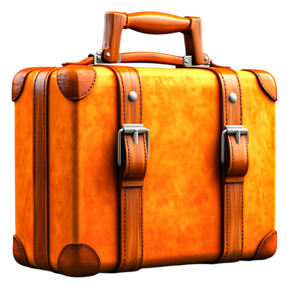 Classic Orange Suitcase with Leather Straps and Handle for Travel png