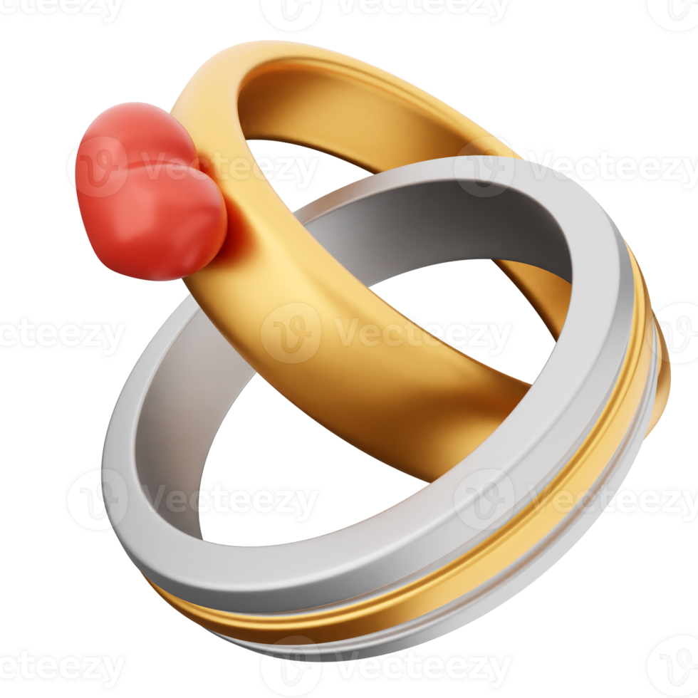 Two wedding rings with a red heart on each png