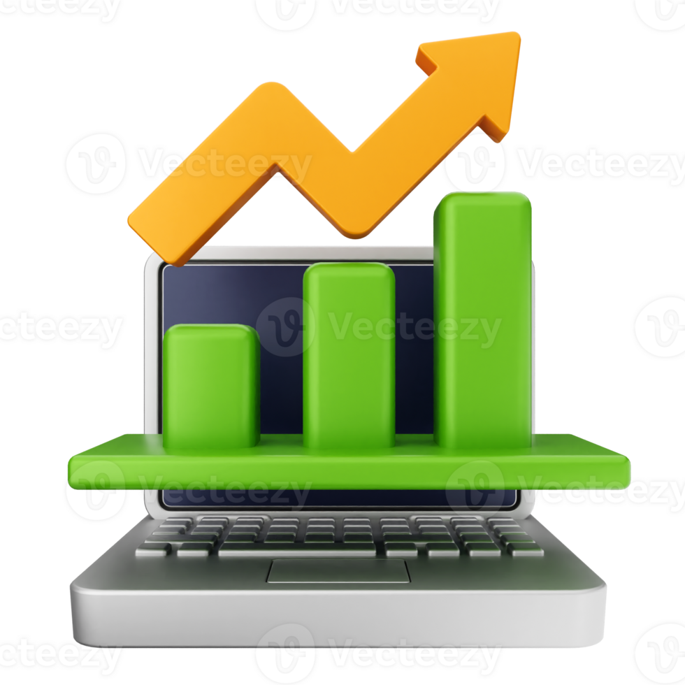 A laptop with a green arrow and a graph on it png