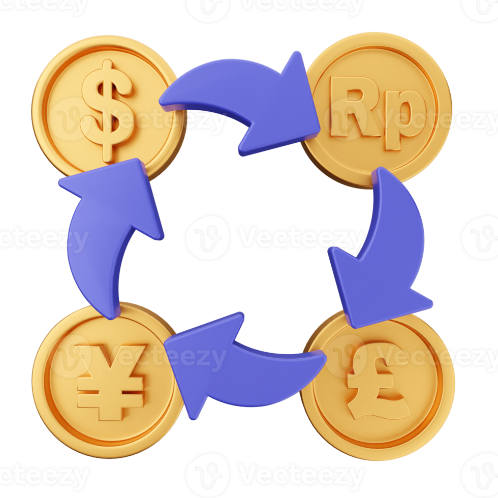 Currency exchange concept with three coins and a symbol of money png