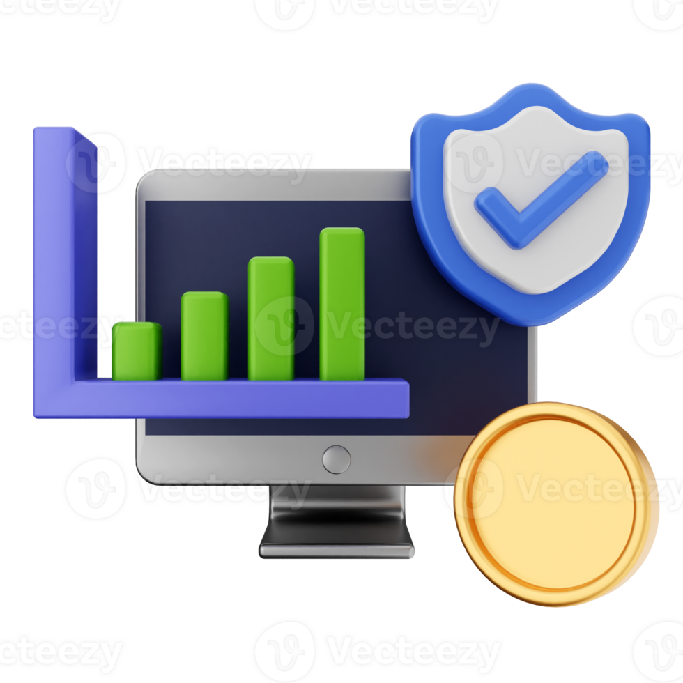 un computadora monitor con un proteger, oro moneda y bar grafico png