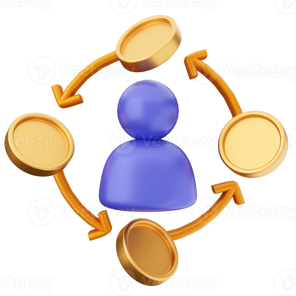 A person surrounded by coins and arrows png