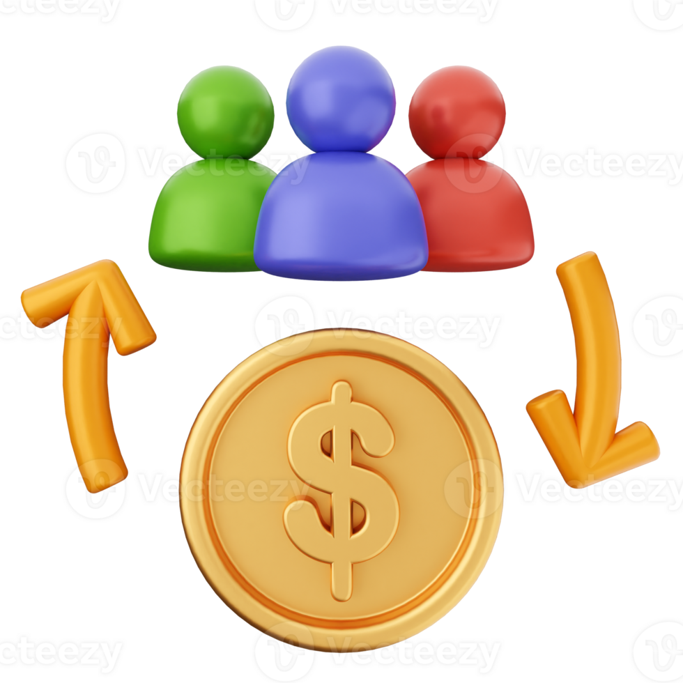 A dollar coin with people around it and arrows pointing to it png