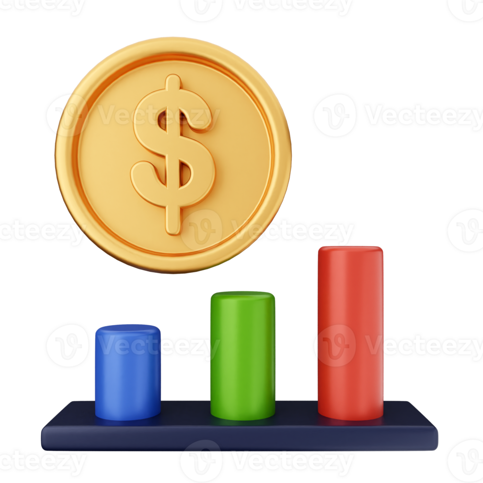 A dollar coin and a bar graph on a black background png