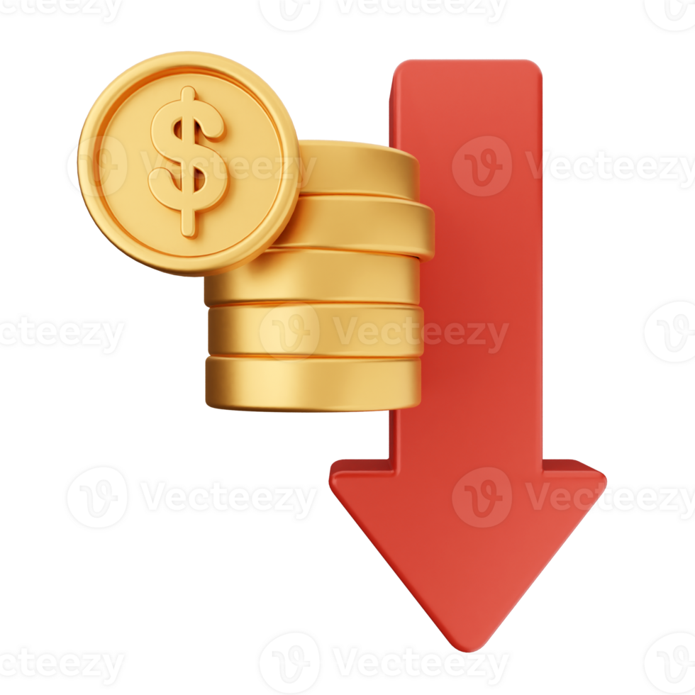 A red arrow pointing down with stacks of gold coins png