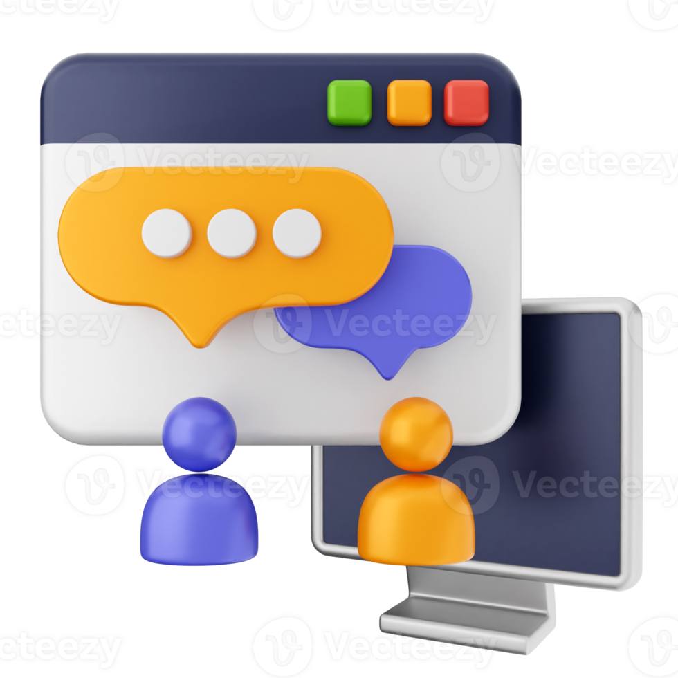 A computer with a chat bubble and two people png
