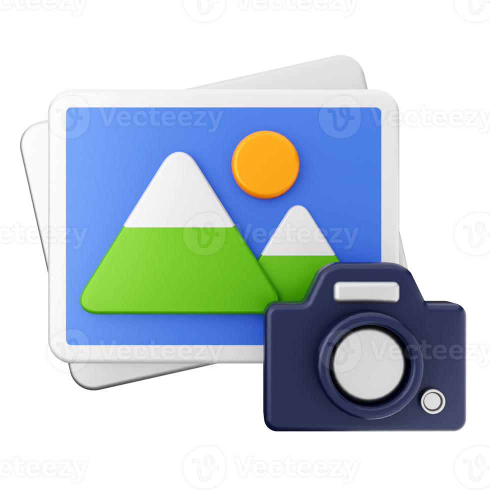 A camera and a photo with mountains and a sun png