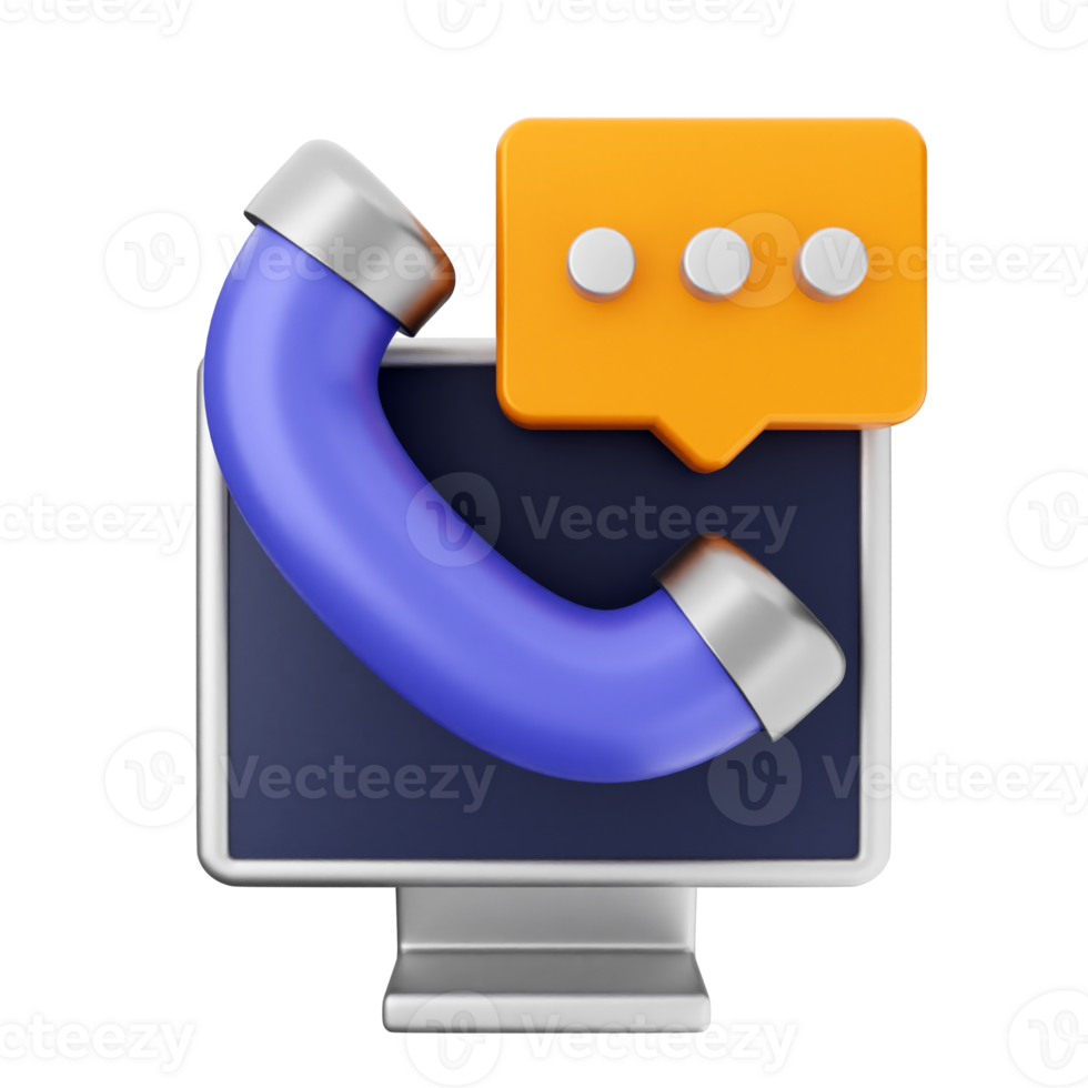 A computer with a phone and a chat bubble png