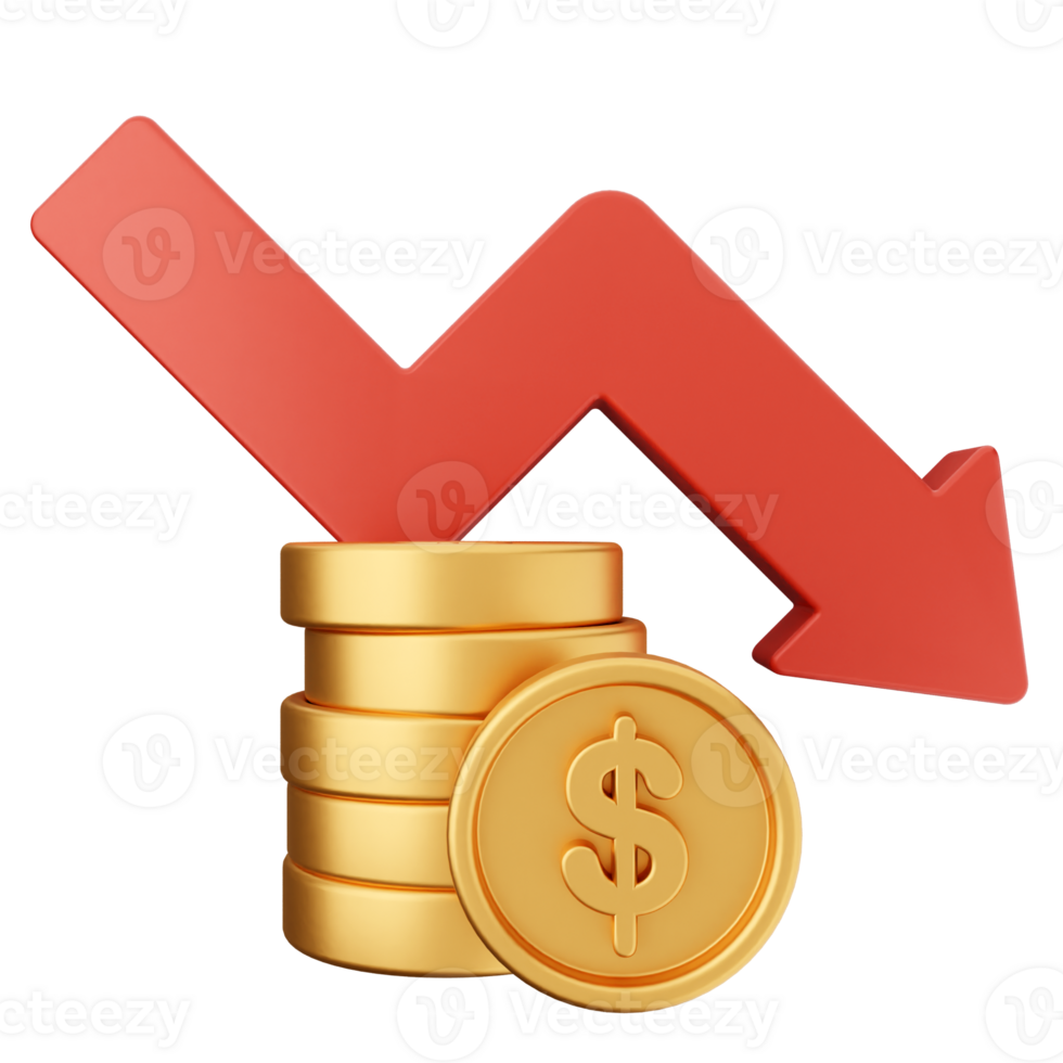 A red arrow pointing down on a stack of gold coins png
