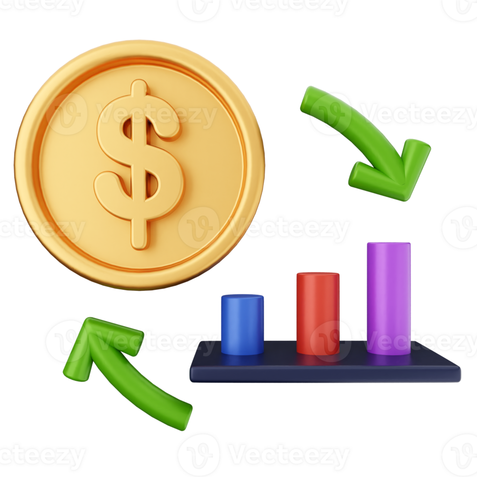 A dollar coin with arrows and a bar graph png
