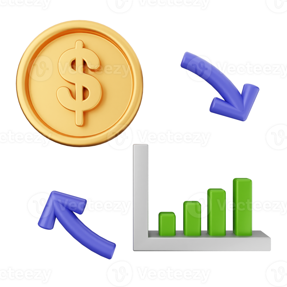 A dollar coin, a bar graph and an arrow pointing to the right png