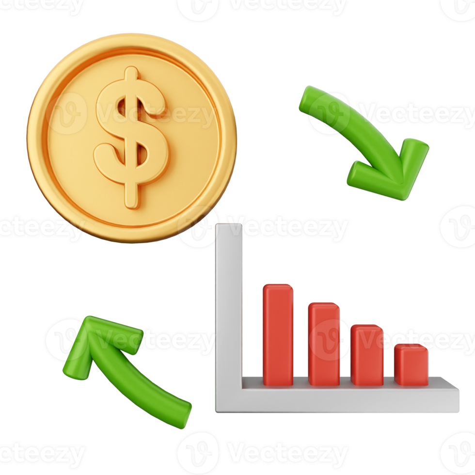 A dollar coin, a bar graph and an arrow png