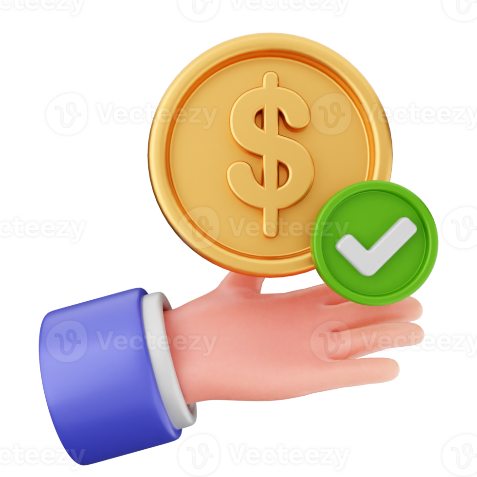 Hand holding a dollar coin with a tick mark png