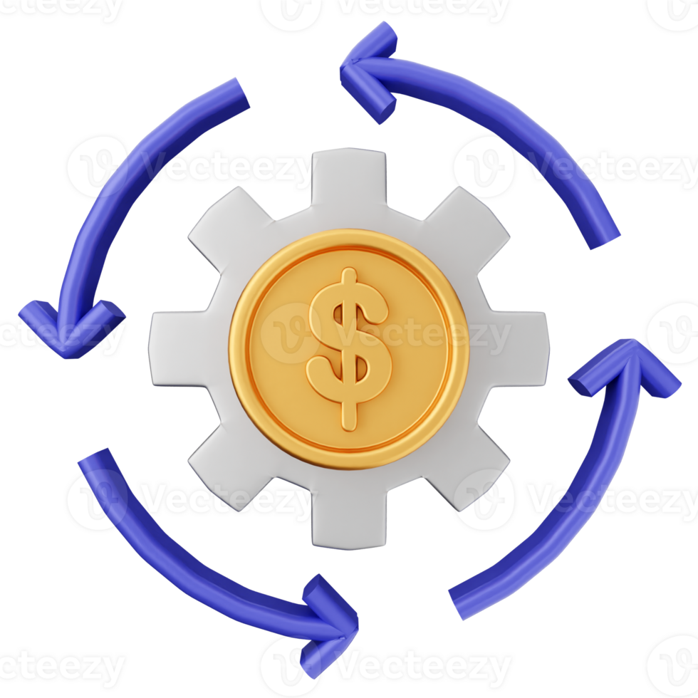 A dollar coin in a gearwheel with arrows pointing to it png