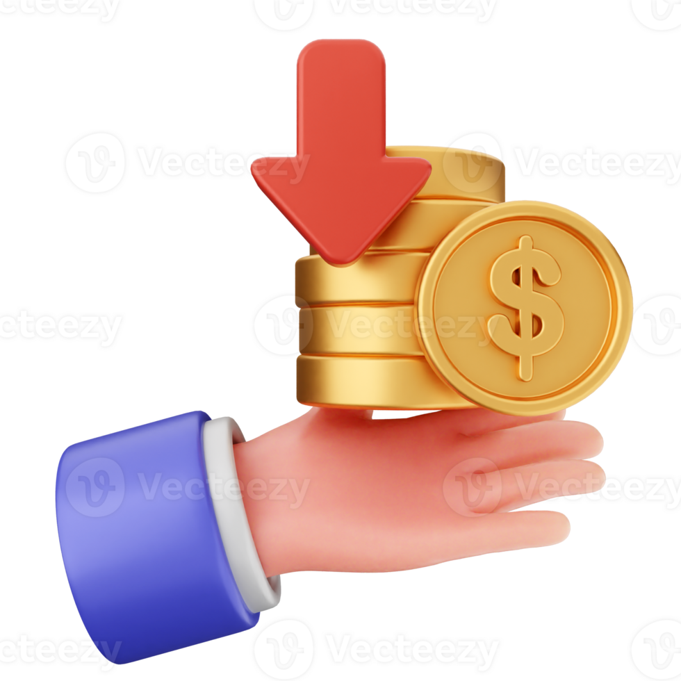 A hand holding stacks of coins with an arrow pointing down png