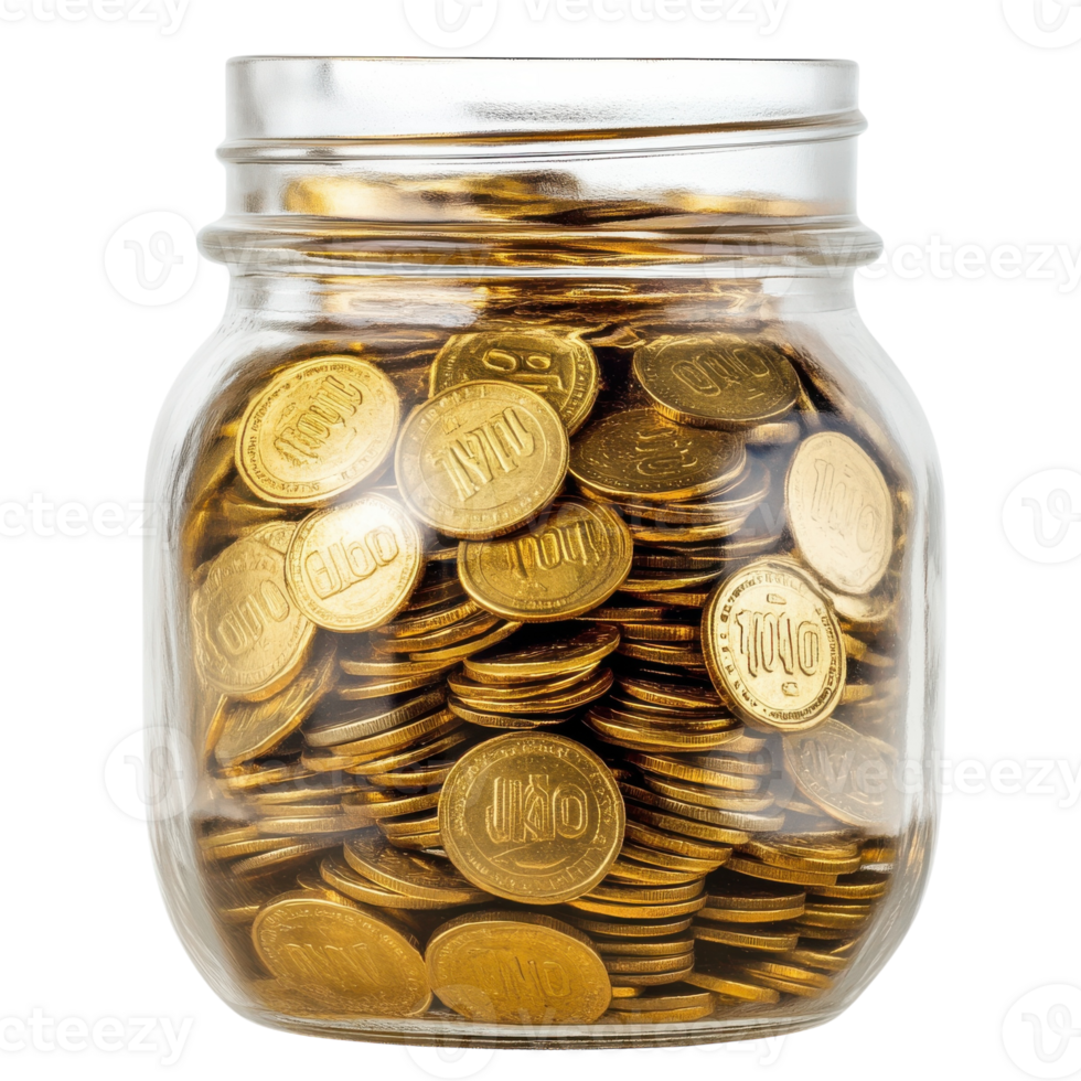 Golden Coins in jar on transparent background. png