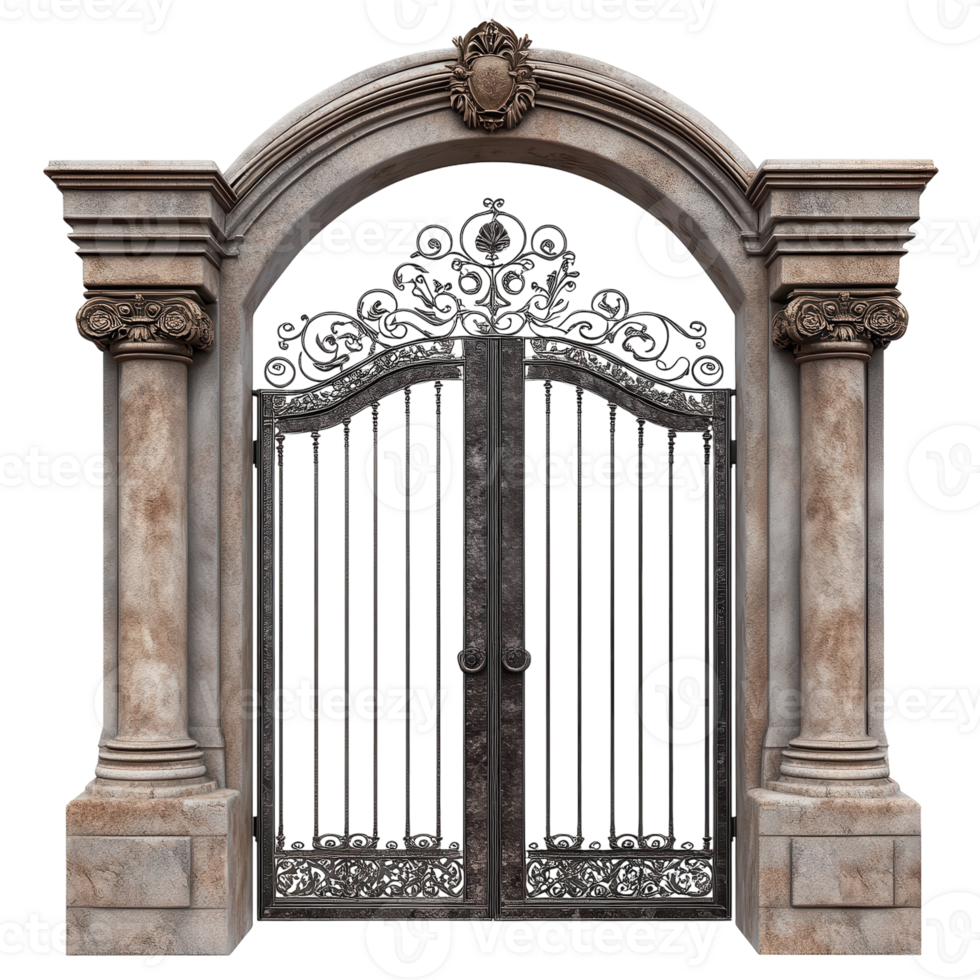 Antique Gate Entrance Pillars on transparent background. png