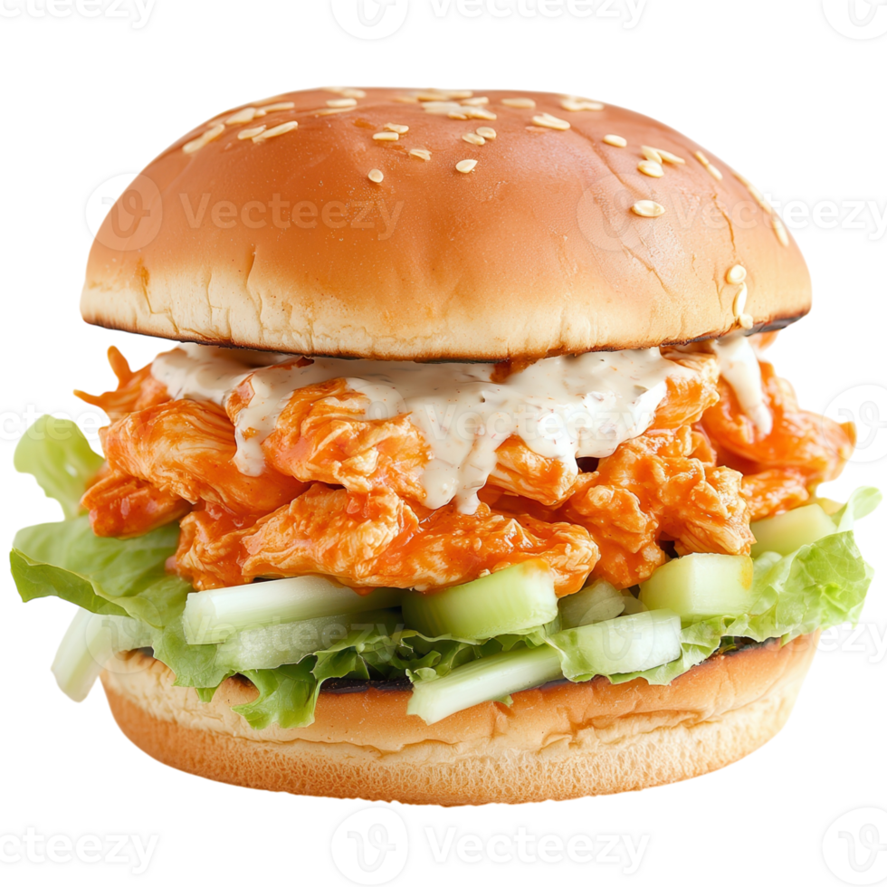 Buffalo Chicken Sandwich Close Up on transparent background. png