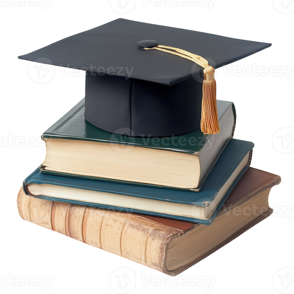 Graduation Cap on Books on transparent background. png