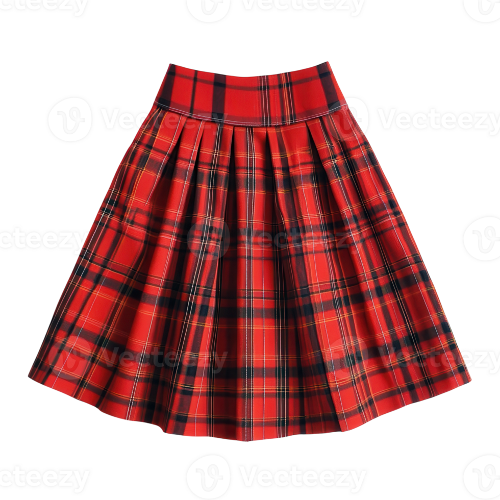 Red Plaid Skirt Fashion Shot on transparent background. png