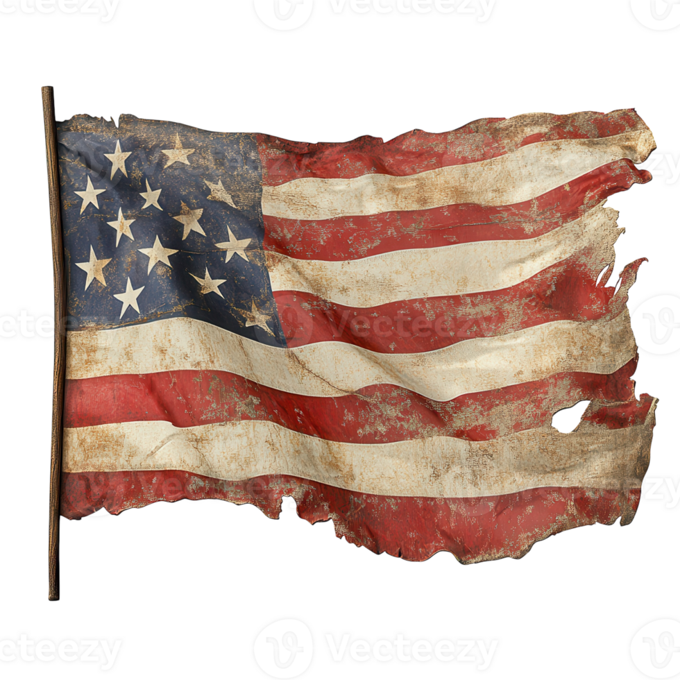 Weathered Flag Waves in Wind on transparent background. png