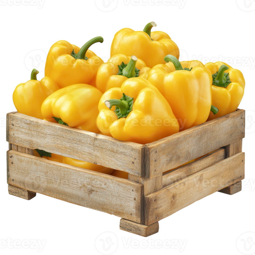 Vibrant Yellow Peppers Wooden Box on transparent background. png