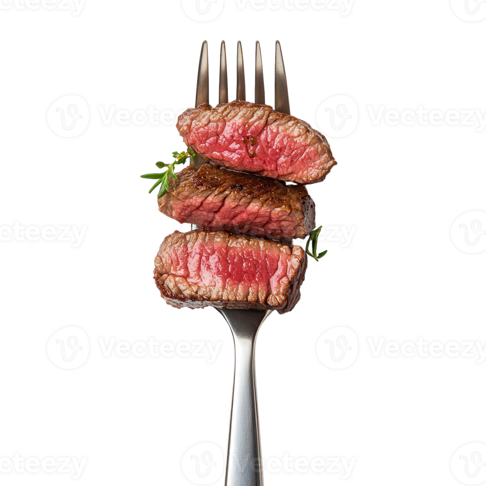 Beef Steak Slices on Fork on transparent background. png