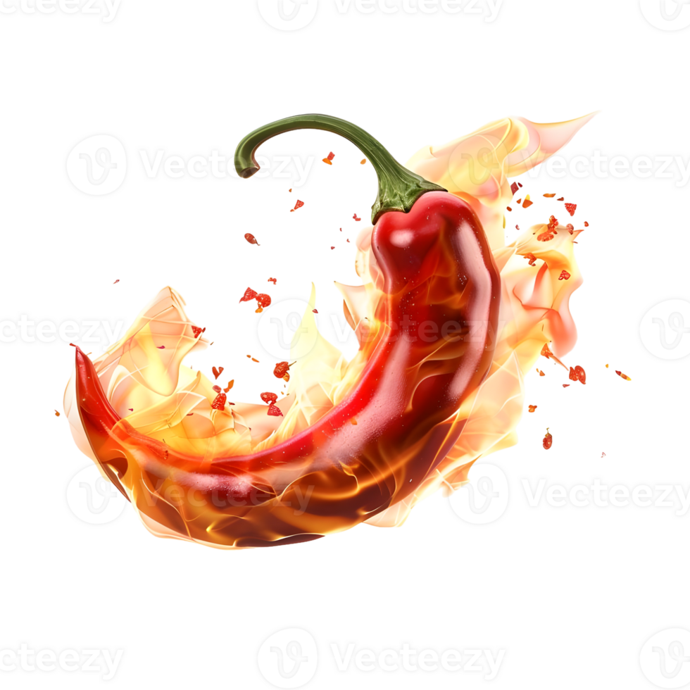 Red chili pepper with fire effect isolated on transparent background png