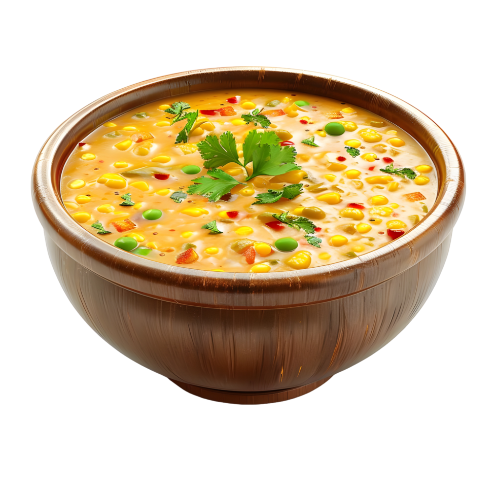Delicious Corn Soup in Wooden Bowl isolated on transparent background png