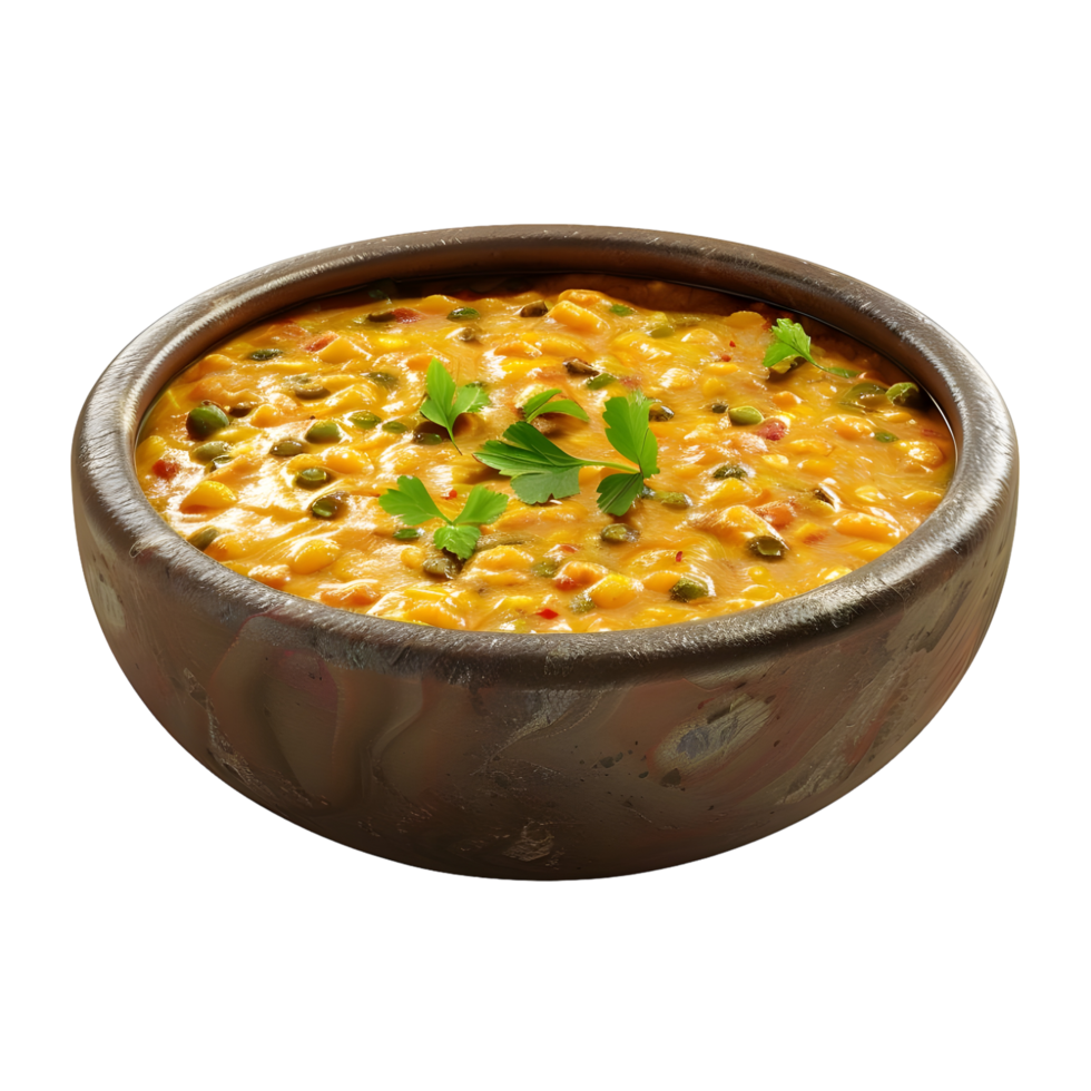 Bowl of hot lentil soup with garnish isolated on transparent background png