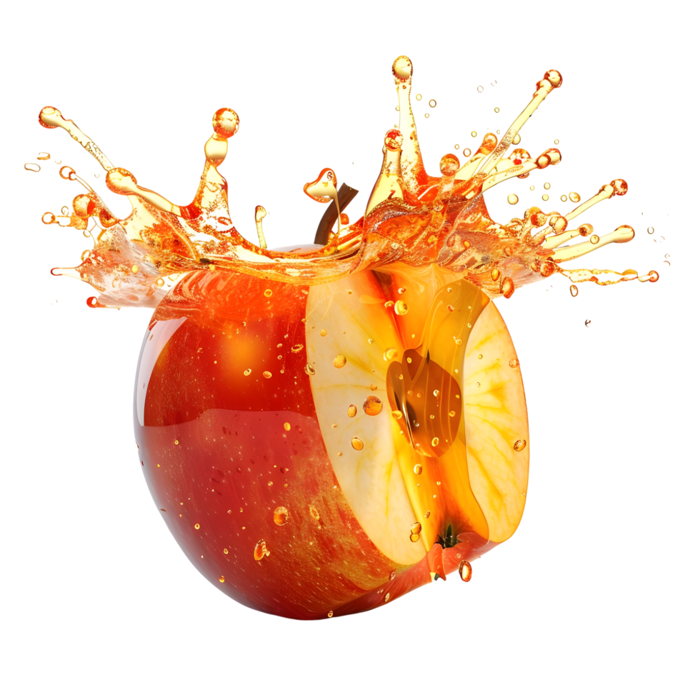 Sliced apple with juice splashing isolated on transparent background png