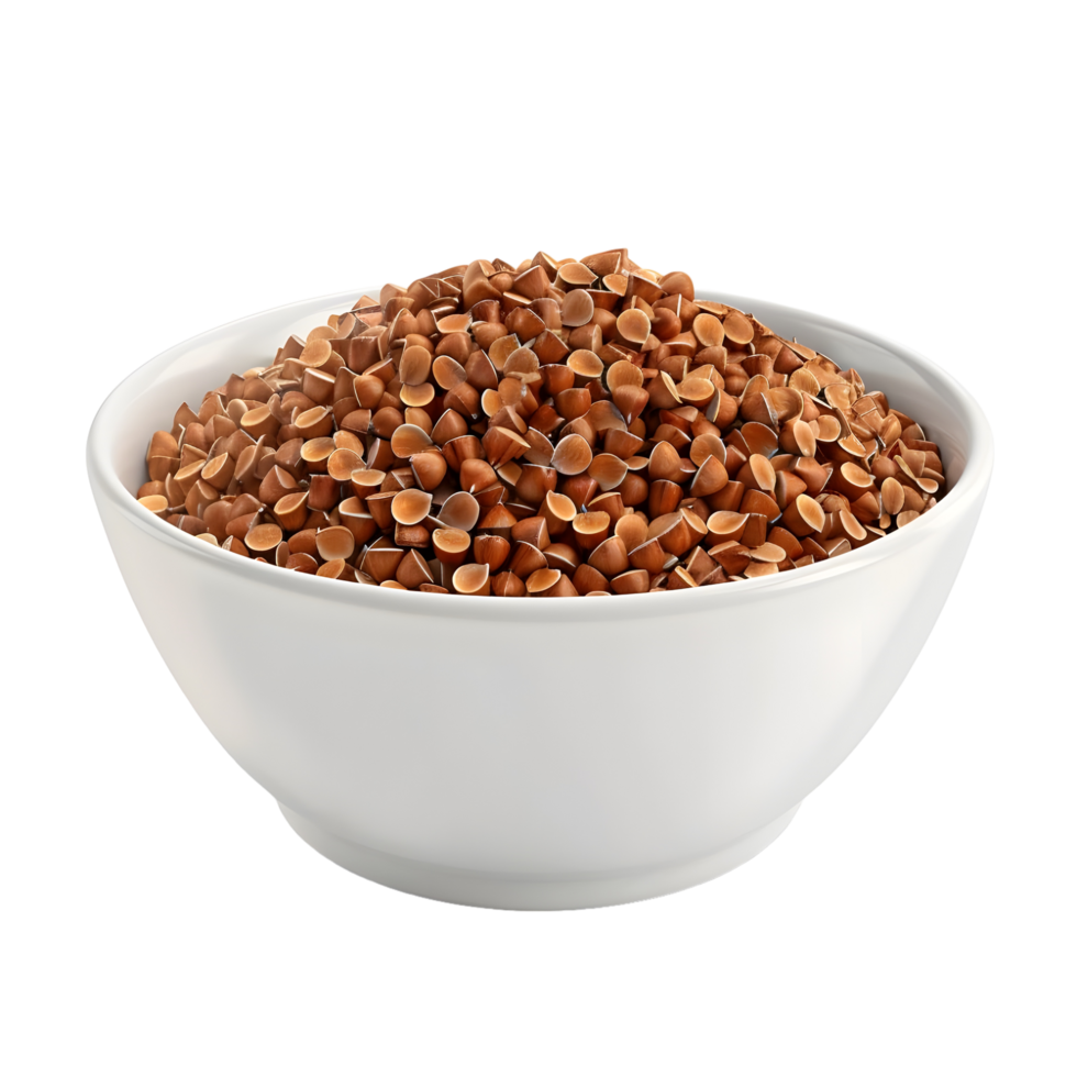 raw buckwheat groats in a white bowl isolated on transparent background png