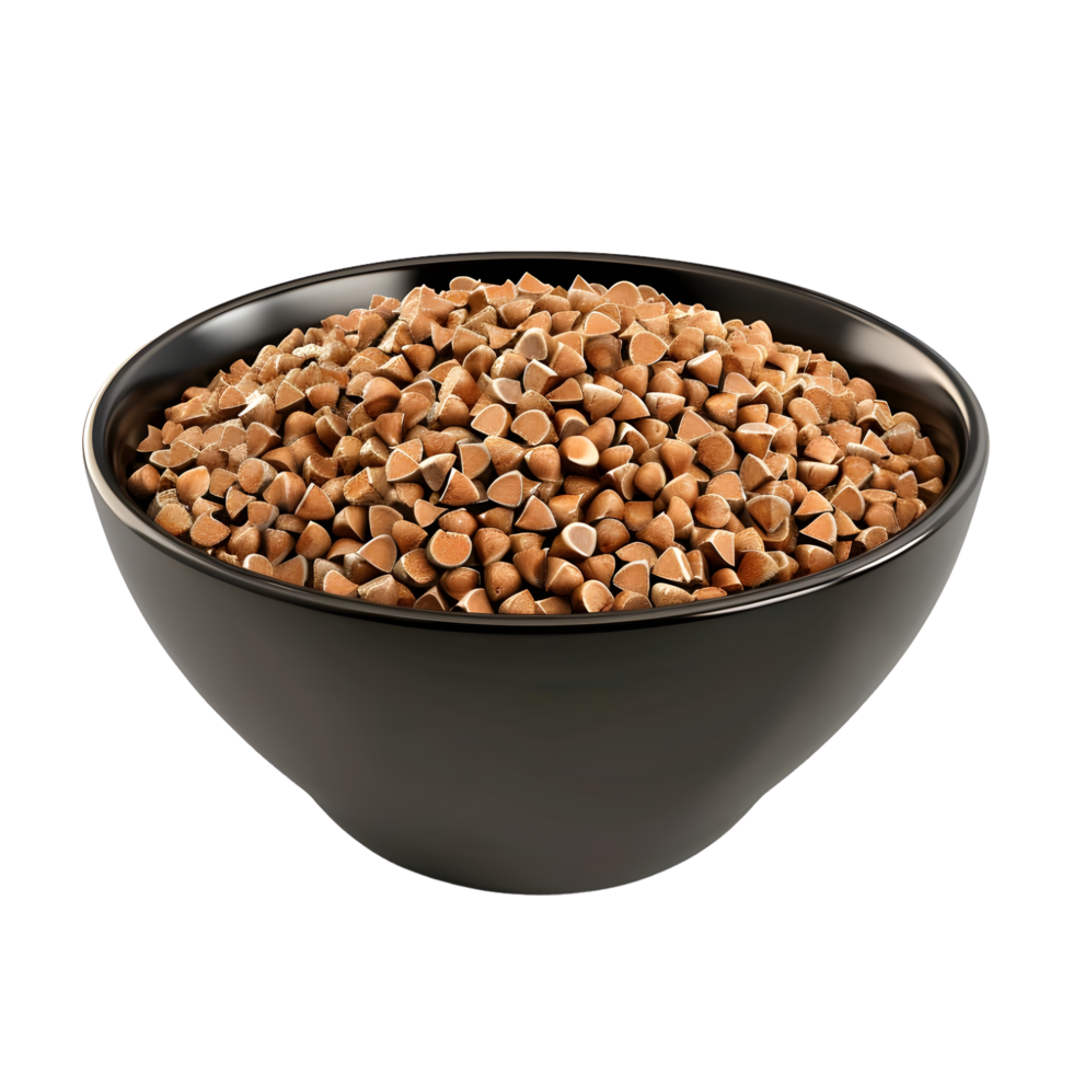 Raw Buckwheat Groats in Black Bowl isolated on transparent background png
