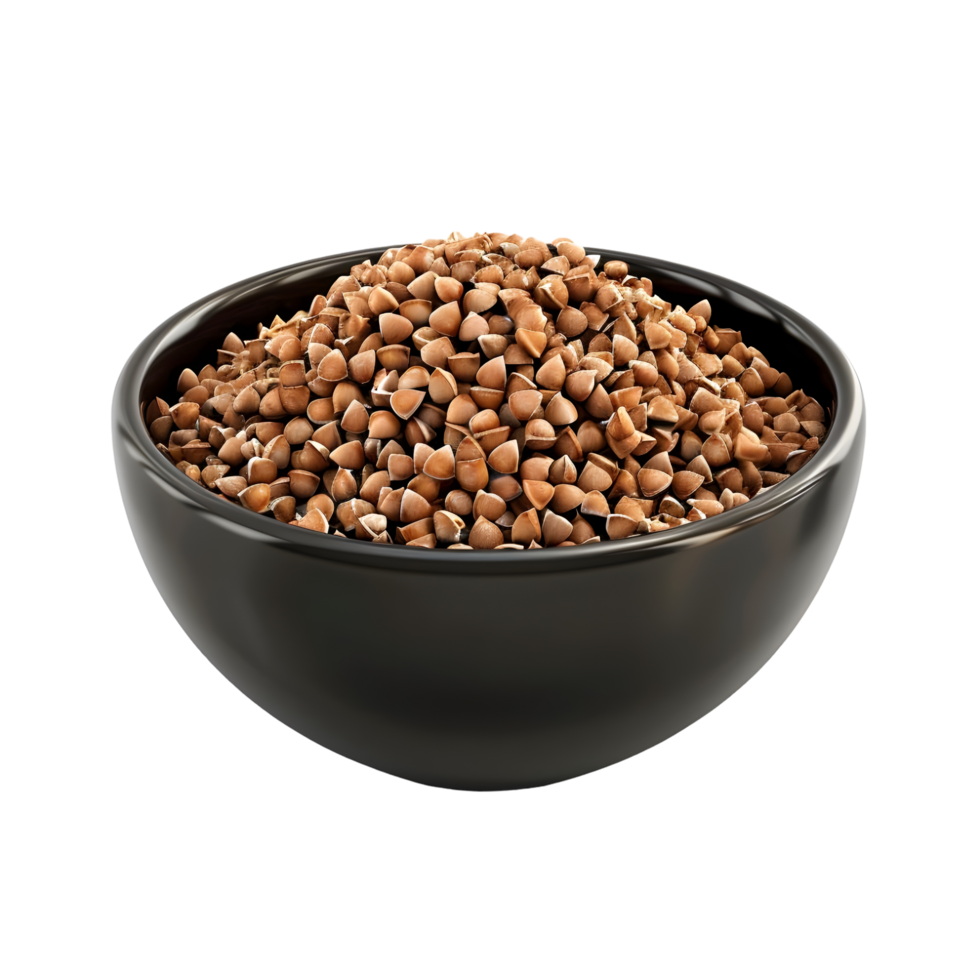 Buckwheat groats in a black bowl isolated on transparent background png