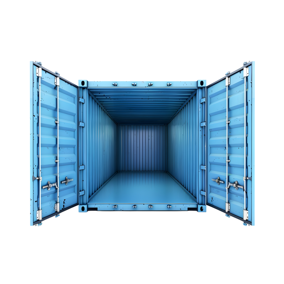Open blue cargo container with empty interior isolated on transparent background png