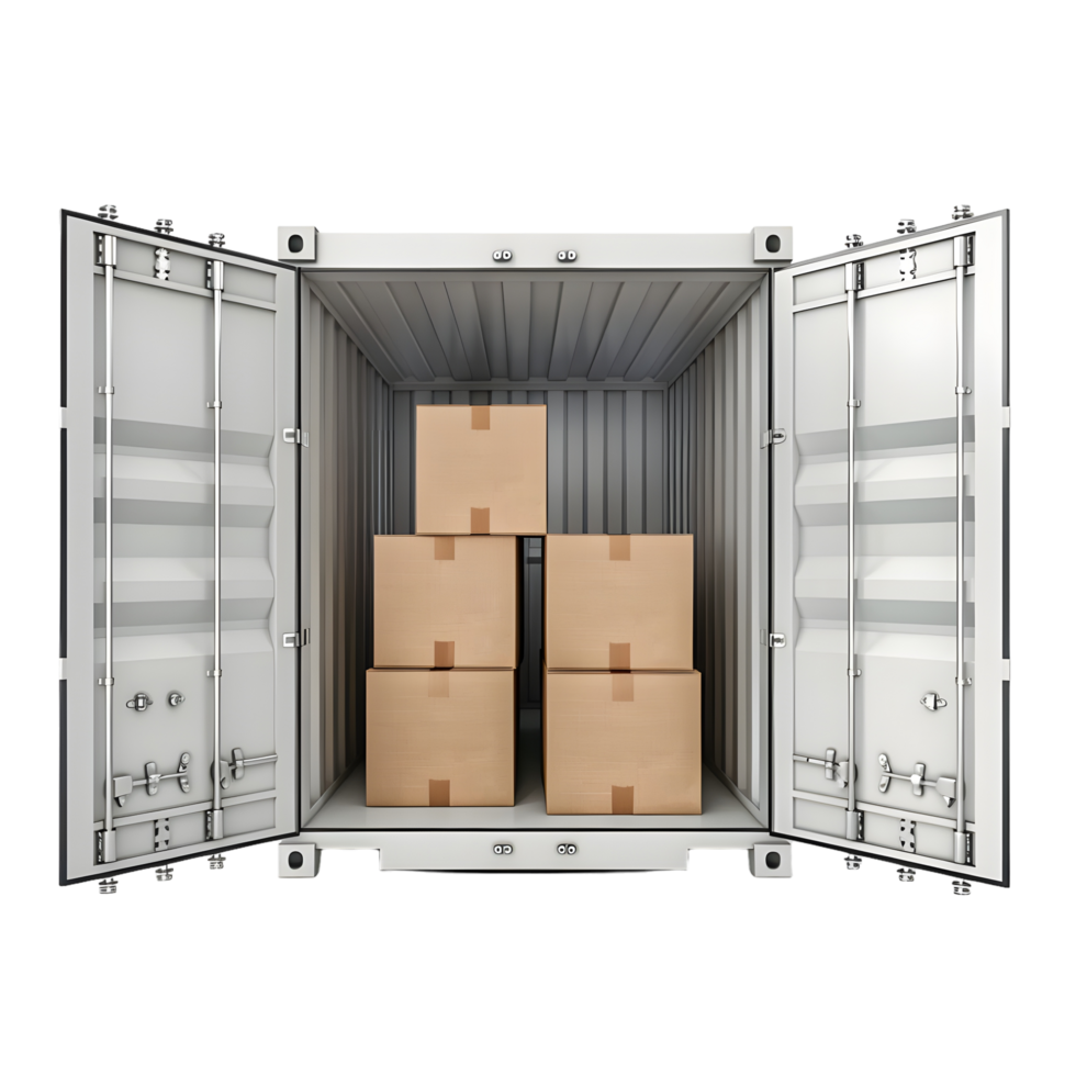 Open Shipping Container with Cardboard Boxes isolated on transparent background png