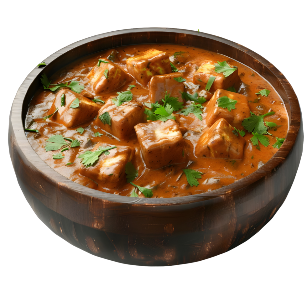 Spicy Indian paneer curry in a black bowl isolated on transparent background png