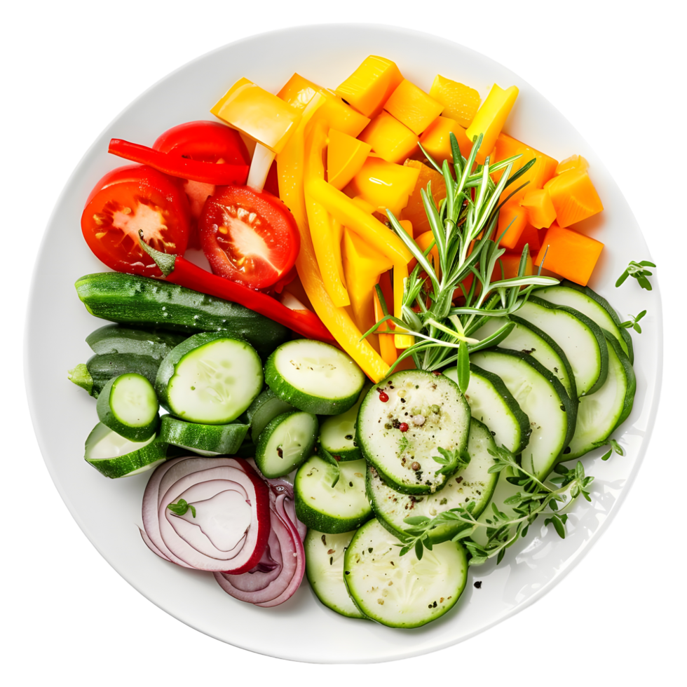 Sliced vegetables including cucumbers, tomatoes, and bell peppers isolated on transparent background png